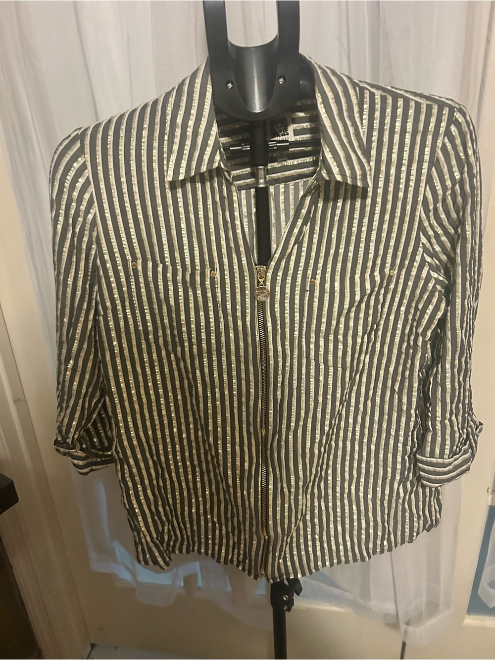 Anne Klein Black & White Striped Button-Front Shirt Jacket